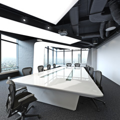 Executive high rise modern empty business office conference room overlooking a city. Photo realistic 3d rendering