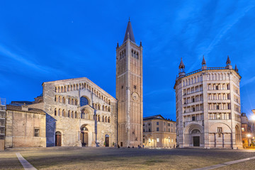 Cathedral and Baptistry located on Piazza Duomo in Parma - obrazy, fototapety, plakaty