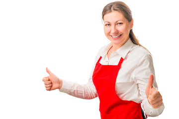 happy woman in a red apron is satisfied