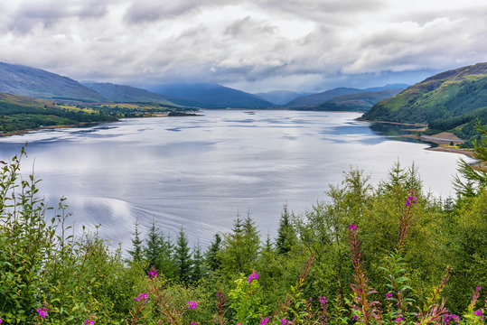 View of Loch Carron, Scotland. This is a sea loch on the west coast of Ross and Cromarty in the Scottish Highlands. It is the point at which the River Carron enters the North Atlantic Ocean.