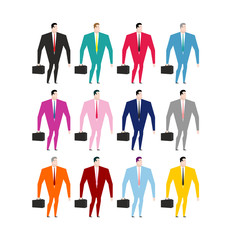Set businessman in colorful costumes. Man in pink dress. Busines