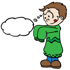 little boy in big clothes with thought bubble