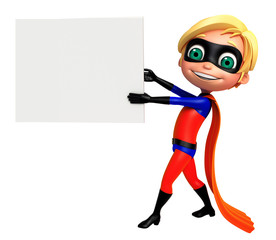 cute boy as a superhero with white board