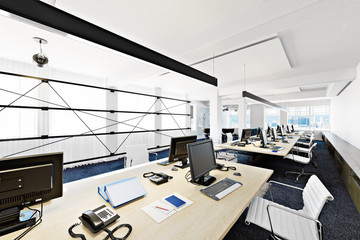 High rise functional contemporary modern business office conference room overlooking a city. Photo realistic 3d rendering