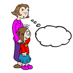 mom with thought bubble holding little girl