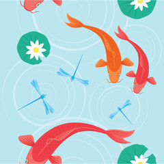 Pattern depicting pond with goldfish, dragonfly and lilies.
