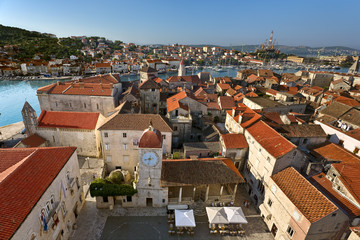 Fototapeta na wymiar Croatia. Middle Dalmatia. The old town of Trogir seen from the Campanile (bell tower) of the Lawrence Cathedral (Historical Trogir is on UNESCO World Heritage List since 1997)