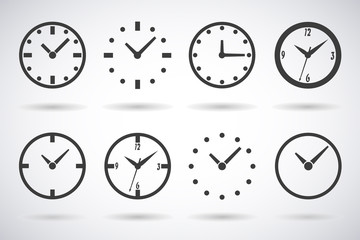 Clock icons, dials set of 8 pieces with shadow isolated stylish vector illustration