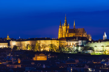 Night view of gothic St. Vitus Cathedral and Prague Castle in Prague, Czech Republic