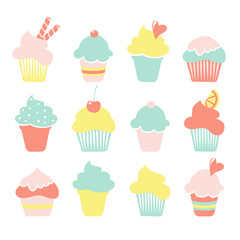 Set of  ice cream, sundae, cupcake icons in pastel colors, isolated vectors