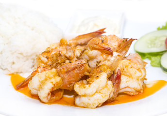 prawns grilled with rice on a white background in the restaurant