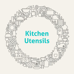 Kitchen Utensils Line Art Icons Set Circle