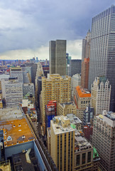 Aerial view on roofs of Lower Manhattan skyscrapers