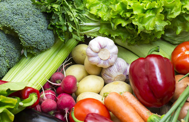 Background of fresh vegetables and greens closeup
