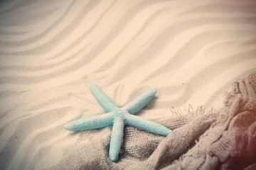 Fototapeta na wymiar starfish and fishnet on the sand