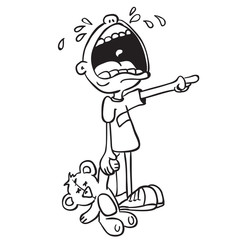 simple black and white crying boy with bear toy