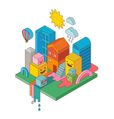 Festive isometric colorful city with emoticons, emoji icons