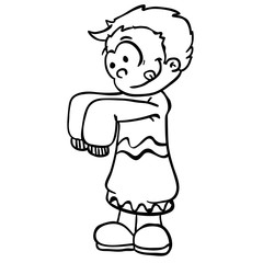 simple black and white little boy in big clothes