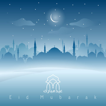 Eid mubarak greeting moonshine mosque silhouette