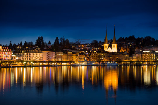 Lucerne nighttime cityscape, St. Leodegar church