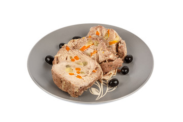 Boiled pork on dish on a white background.