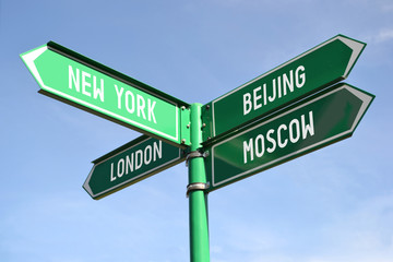 New York, Beijing, London, Moscow signpost