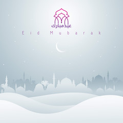Eid Mubarak mosque and desert silhouette for greeting background