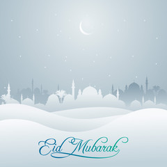 Fototapeta na wymiar Eid Mubarak mosque and desert silhouette for greeting banner