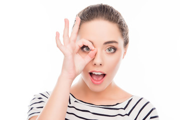 Close up photo of cheerful happy  girl with funny face