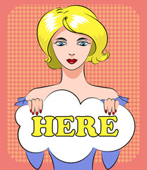pop art vector blond woman with signature here. Comic woman