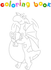 Cartoon dragon winner with a cup trophy. Coloring book