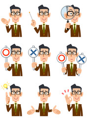 眼鏡をかけて茶色のジャケットを着た男性の9種類の表情と仕草
