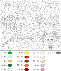 Rural landscape with sheep, barn, corrals, fruit-trees and field