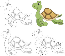 Cartoon turtle. Coloring book and dot to dot game for kids