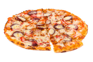 Pizza with cheese and ham isolated on white