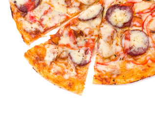 Pizza with cheese and ham isolated on white