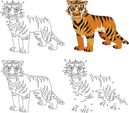 Cartoon saber-toothed tiger. Coloring book and dot to dot game f