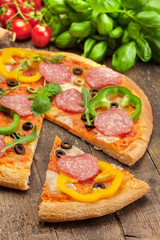 Tasty pizza with salami and paprika
