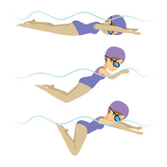 Set with athlete woman swimming breaststroke stroke on various different poses training - obrazy, fototapety, plakaty
