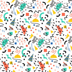 Seamless geometric vintage pattern in retro 80s style, memphis. Ideal for fabric design, paper print and website backdrop. EPS10 vector file.