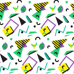 Seamless geometric vintage pattern in retro 80s style, memphis. Ideal for fabric design, paper print and website backdrop. EPS10 vector file.