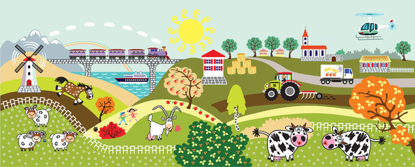 Cartoon Countryside Rural Landscape With Farm Animals Tractor