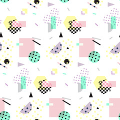 Naklejki  Seamless geometric vintage pattern in retro 80s style, memphis. Ideal for fabric design, paper print and website backdrop. EPS10 vector file.