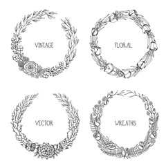 Vector vintage wreaths. Collection of trendy cute floral frames.