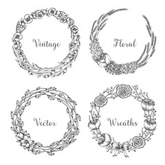 Vector vintage wreaths. Collection of trendy cute floral frames.