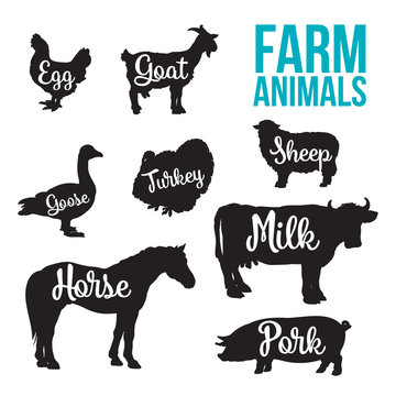 Black contour farm animals with a white inscription inside, vector set of different animals, cattle, poultry, horned animal, domestic goose, food, animal outline for the product