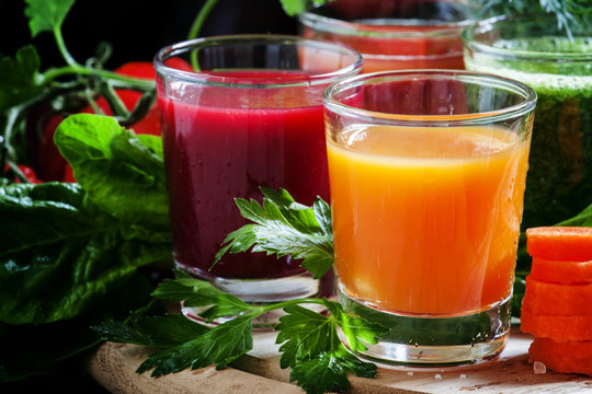 Set of vegetable juice in glasses: beetroot, tomato, spinach, ca