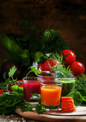 Set of vegetable juice in glasses: beetroot, tomato, spinach, ca