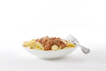 bowl of fresh pasta noodle and bolognese meat and tomato sauce i