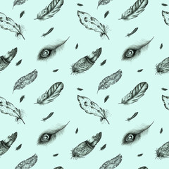 Vintage seamless  graphic pattern with hand-drawn feathers. Flyi